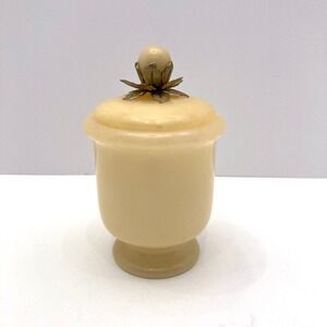 Vtg Alabaster Round Trinket Box Floral Top Cream Lid with Handle 5.5" 80s Heavy